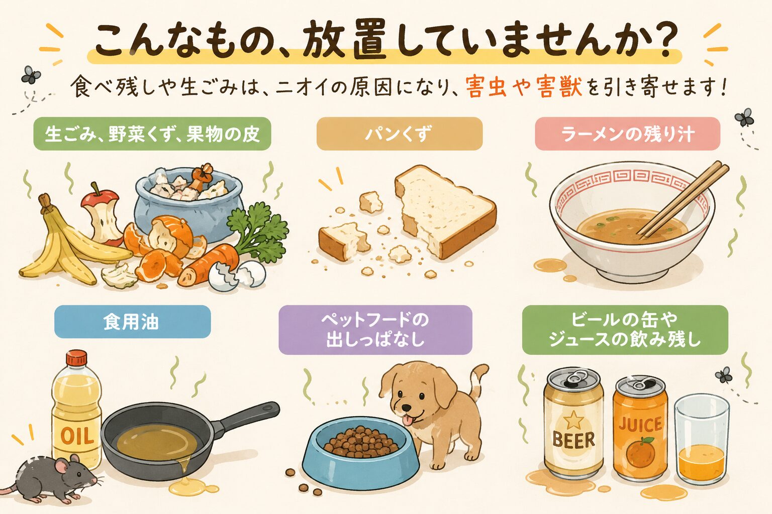 夏のゴキブリ対策で注意したい食品や食べ残しを紹介するイラスト。生ごみ、パンくず、ラーメンの残り汁、食用油、ペットフード、ビールやジュースの飲み残しを掲載