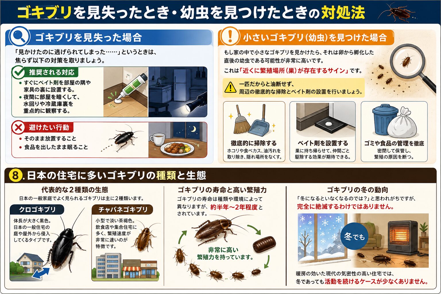 ゴキブリを見失ったときや小さなゴキブリの幼虫を見つけたときの対処法を解説し、ベイト剤や掃除、ゴミ・食品管理などの対策を紹介するイラスト