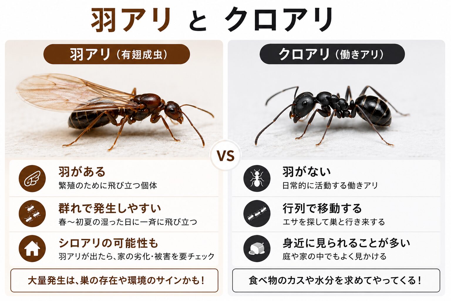 羽アリとクロアリの違いを比較した画像。シロアリの可能性がある羽アリの特徴や、一般的なクロアリの見分け方を解説しています。