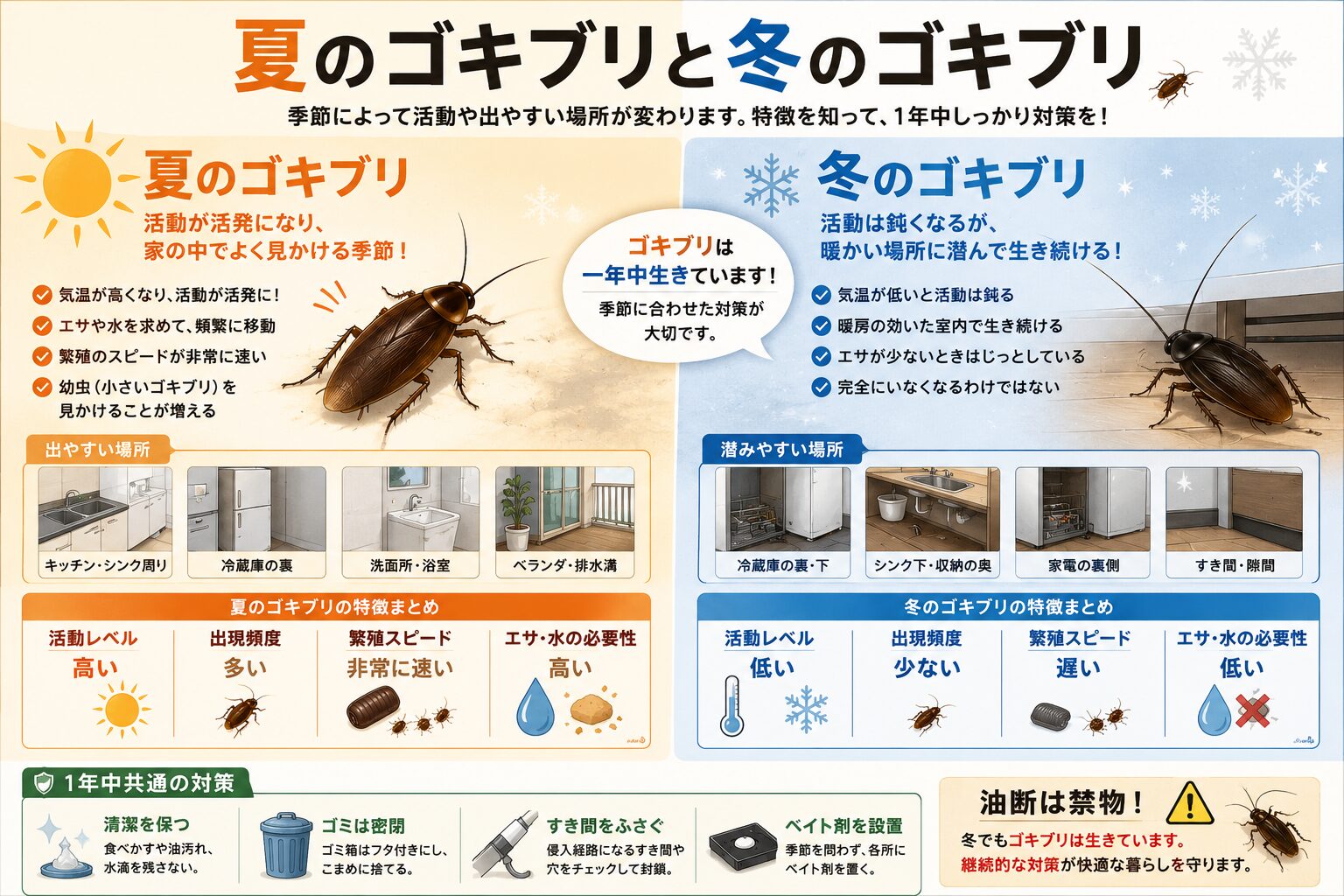 夏と冬のゴキブリの活動場所や特徴を比較し、夏はキッチンや水回り、冬は冷蔵庫の裏やシンク下など暖かい場所に潜むことを解説するイラスト