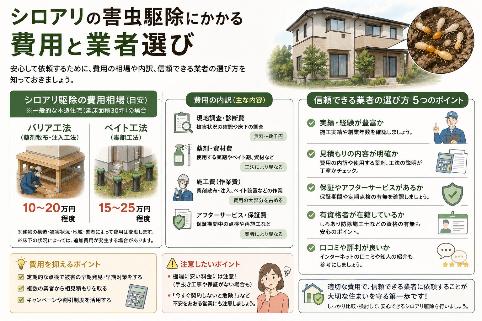 自分でシロアリ駆除を行う際のリスクや注意点を解説した画像。放置したときの建物への被害や、専門業者へ相談する重要性をまとめています。