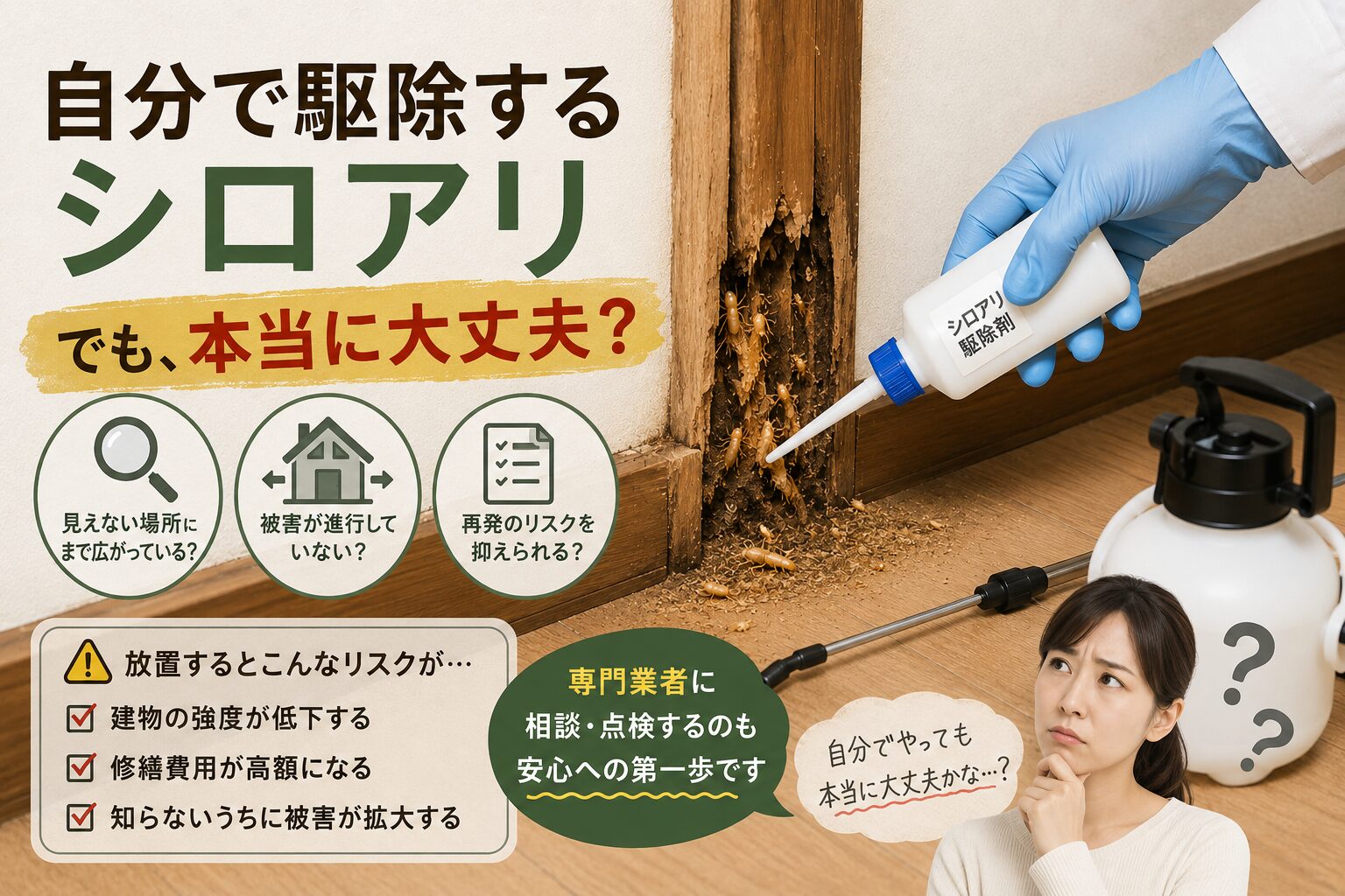 シロアリ駆除のバリア工法とベイト工法の手順やメリット・デメリットを比較・解説している画像。