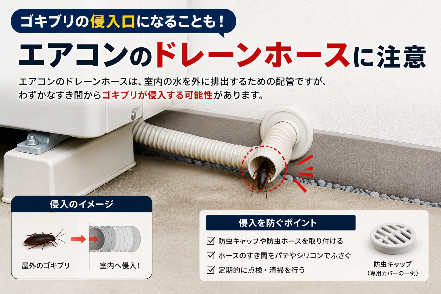 エアコン-ドレンホース-ゴキブリ侵入対策の画像