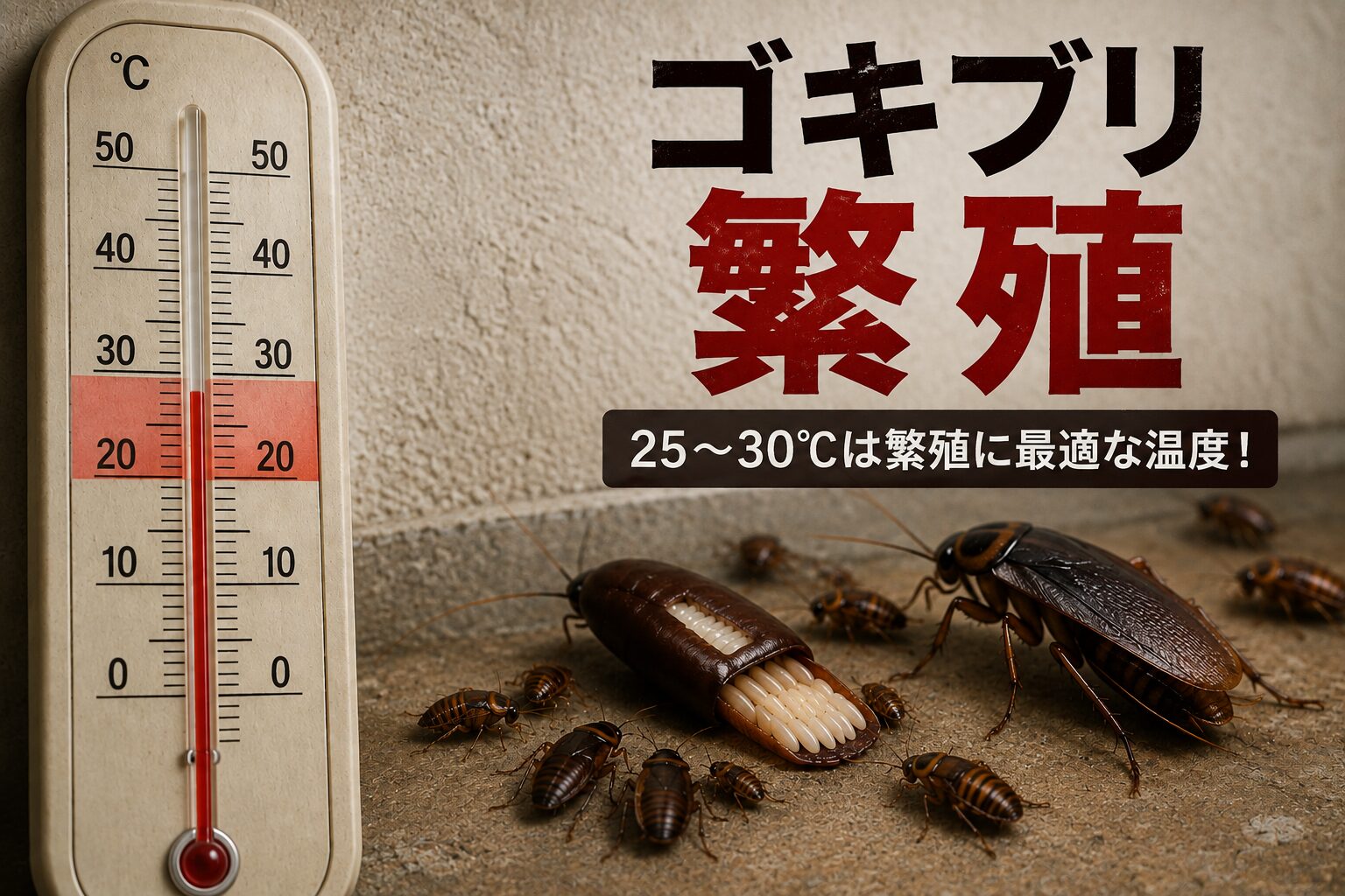 夏の25～30℃はゴキブリの繁殖に適した温度であることを示す温度計とゴキブリ